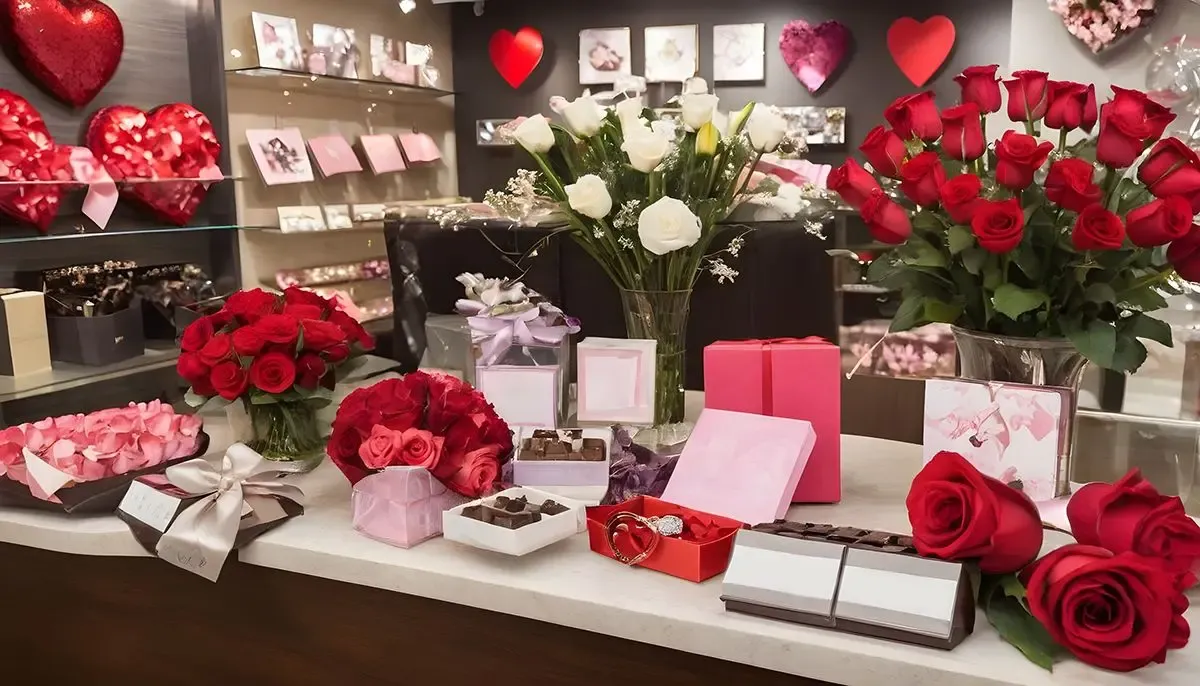 Valentine's Day-themed store with red and white roses, heart decorations, chocolates, and gift boxes – representing the surge in seasonal sales and the importance of timely overseas supplier payments.