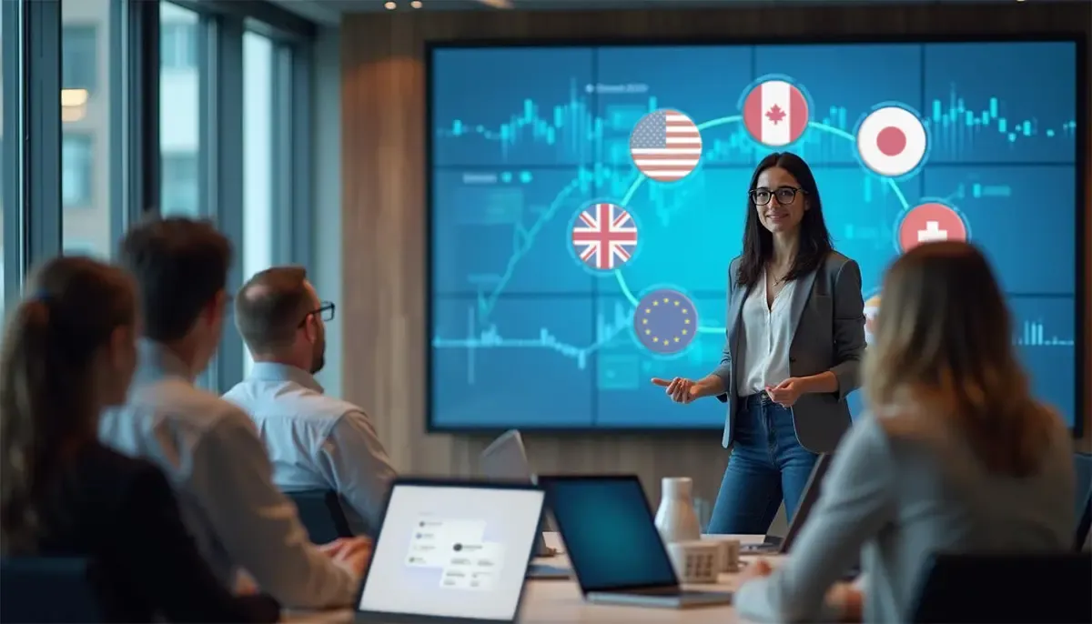 An image of woman presents a slideshow on a large screen in a modern conference room, while employees sit attentively, engaged in the seminar.
