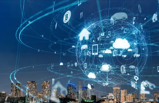 Digital globe surrounded by cloud computing and fintech icons hovering above a modern city skyline—symbolizing MTFX’s advanced global payment technology and superior financial infrastructure.