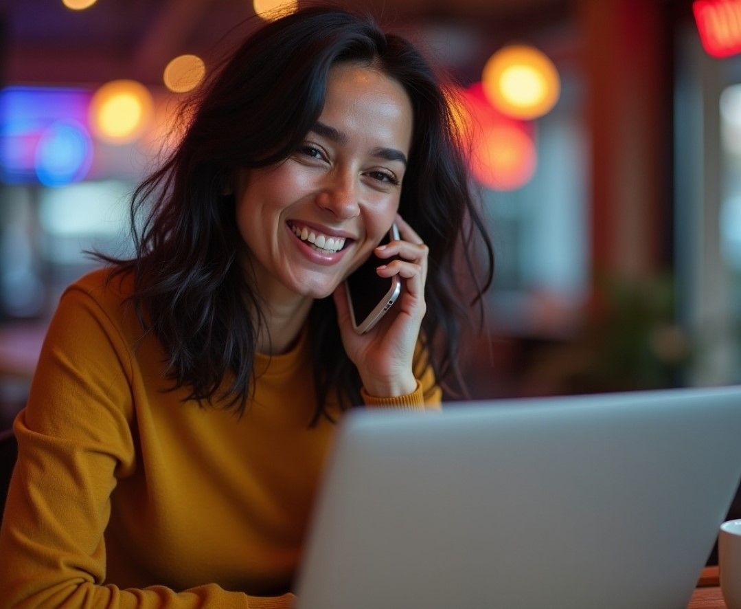 A cheerful woman in a mustard yellow sweater talking on her phone while working on a laptop in a warmly lit indoor setting, suggesting remote work or online communication.