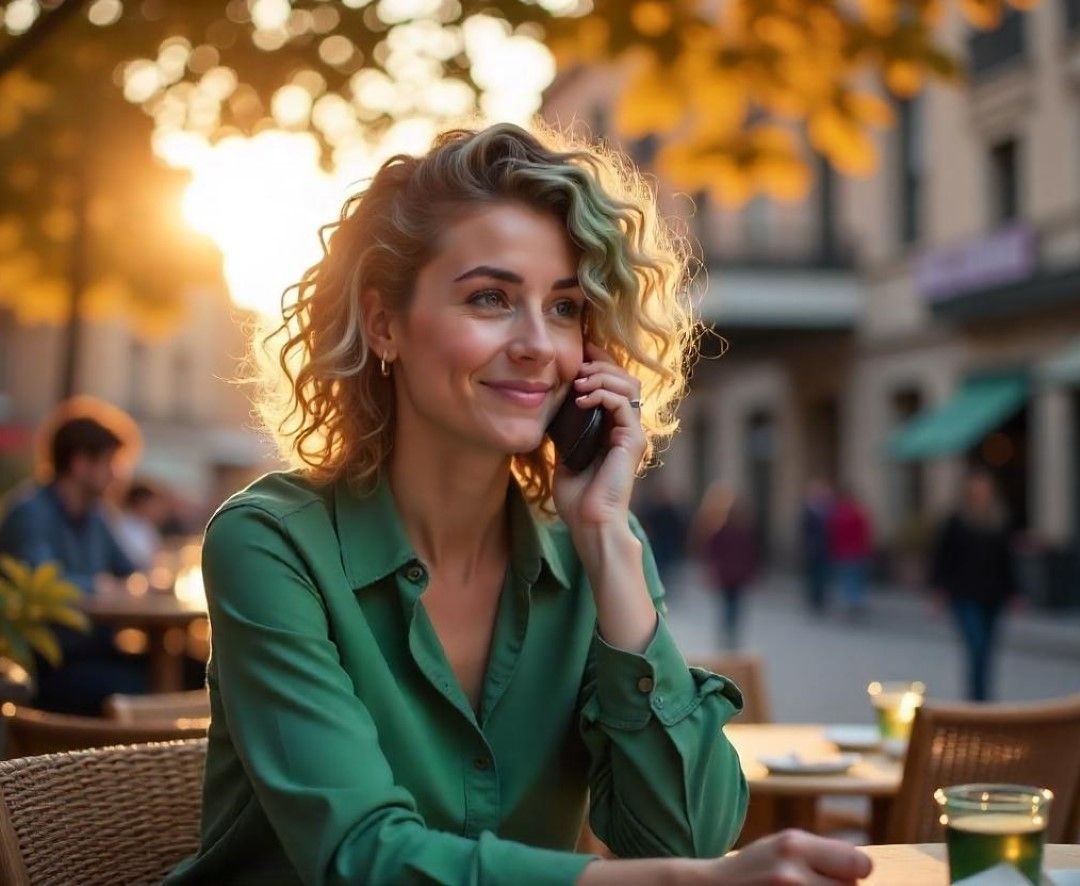 A smiling woman with curly blonde hair wearing a green shirt, talking on her phone at an outdoor café during sunset.