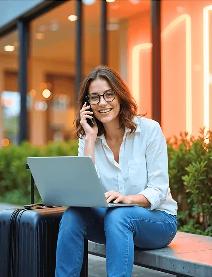 Smiling woman working on a laptop and talking on the phone while sitting outside with luggage