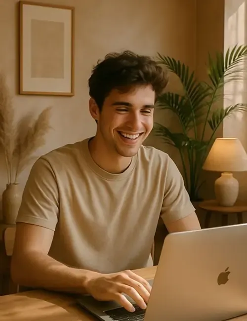 Young man smiling while using a laptop in a warm, modern workspace, symbolizing confidence and ease in managing international business payments and B2B transactions online.