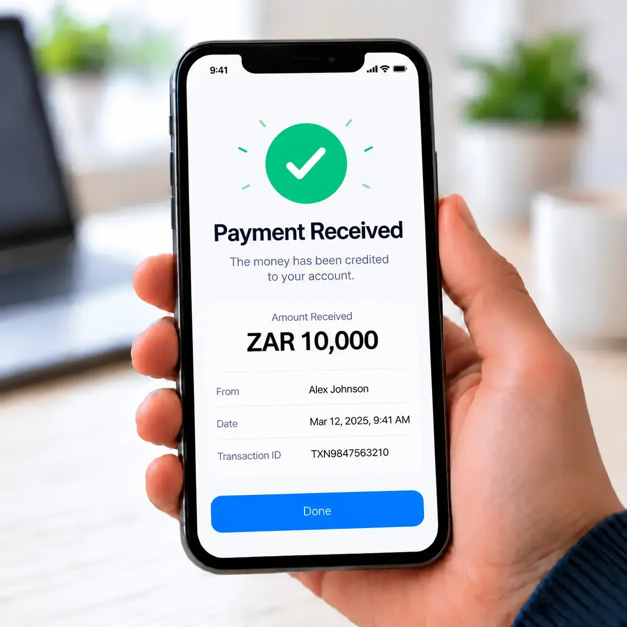 Smartphone displaying a successful ZAR 10,000 payment received confirmation with transaction details.